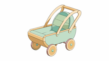 Sticker - A wooden doll stroller handcrafted and painted in pastel colors featuring a removable seat functional wheels and a classic design reminiscent of a. Cartoon Vector.