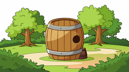 Wall Mural - A wooden barrel propped up on its side sitting at the edge of a lush forest. The holeinone challenge is to hit a golf ball into the small opening at. Cartoon Vector.