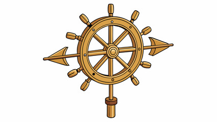 Sticker - A wooden weather vane shaped like a ships wheel with each spoke pointing in a different direction depending on the wind. The wood is intricately. Cartoon Vector.