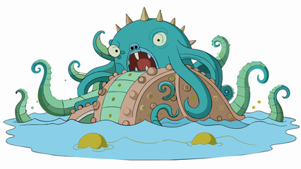 Wall Mural - An enormous tentacled beast slumbers on the ocean floor its massive body covered in ancient runes and symbols. Its eyes the size of small islands. Cartoon Vector.