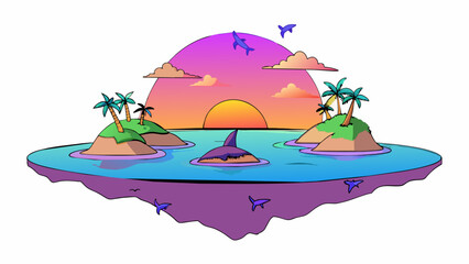 Wall Mural - As the sun sets on the island the sky is painted with shades of pink purple and gold. The water becomes still and reflective mirroring the vibrant. Cartoon Vector.