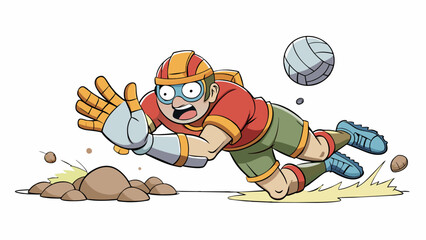 Sticker - As the game intensifies a player dives to the ground arms outstretched to save the ball from hitting the ground. The players knees are protected with. Cartoon Vector.