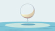 From the balcony of a beachfront cottage a large creamy white ball hangs low over the ocean its reflection dancing on the tranquil water.  on white. Cartoon Vector.