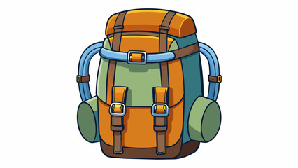 Poster - Hiking backpack with hip belt and chest s This backpack is designed for hiking and has a thick hip belt and chest s to help distribute the weight. Cartoon Vector.