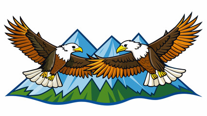 Sticker - High up in the mountains a pair of eagles soar through the crisp air their long pointed wings carrying them with grace and strength. Their haunting. Cartoon Vector.