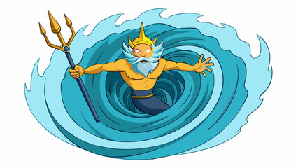 Sticker - In the depths of the ocean an immense whirlpool swirls controlled by the hand of Poseidon. His trident forged from sunlight and ocean currents. Cartoon Vector.