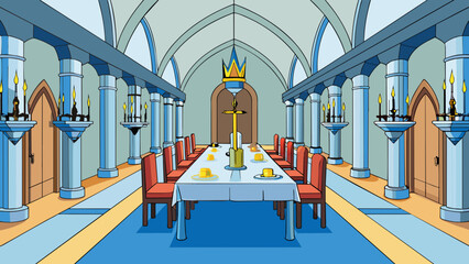 Poster - Inside the castle the Great Hall was a sight to behold. High ceilings were supported by majestic stone columns and elaborate tapestries hung from the. Cartoon Vector.