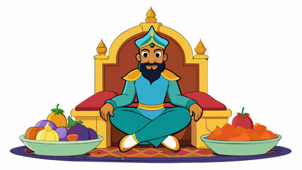 Poster - Sitting in a grand palace Aladdin relaxes on a plush velvet throne adorned with jeweled cushions. In front of him is a lavish feast including a golden. Cartoon Vector.