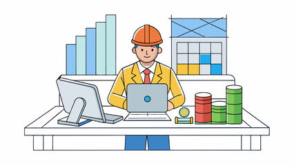 The engineer sat at their desk surrounded by stacks of papers and colorful diagrams. They were using a computer program to design a new bridge. Cartoon Vector.
