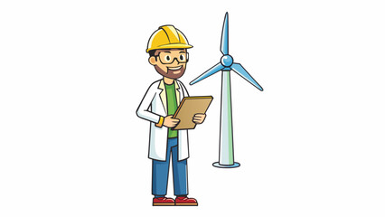 Poster - The scientist was standing in front of a towering wind turbine monitoring its power output and taking notes. They wore a hard hat and safety gear. Cartoon Vector.