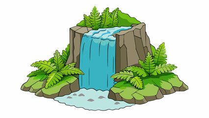 Poster - The sound of rushing water could be heard coming from the hidden alcove at the base of the crag. A small waterfall cascaded down the face of the rock. Cartoon Vector.