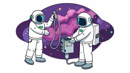 Sticker - Two astronauts in bulky white suits work together to install a new antenna on their spacecraft. With tools and equipment floating around them they. Cartoon Vector.