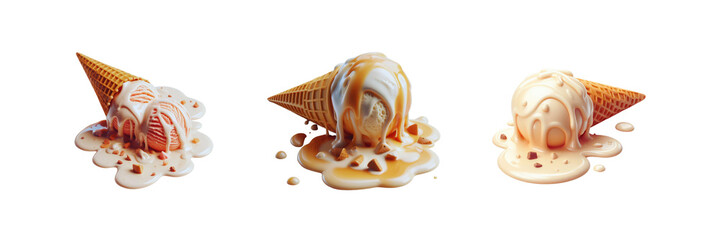 Set of Melted ice cream and cone on the floor flat icon, illustration, isolated over on transparent white background