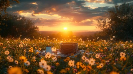 Canvas Print - Golden Hour Escape: Smartphone Left Behind in Wildflower Field, generative ai