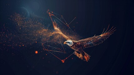 An illustration of an eagle flying formed from lines, triangles, and particle-style design.