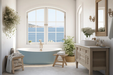 Wall Mural - Luxurious Interior of a modern bathroom, views of the Mediterranean sea.