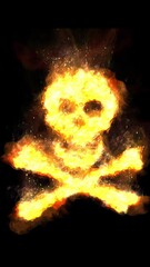 Canvas Print - vertical burning skull and crossbones on black 4k loop features a skull and crossbones flaming again