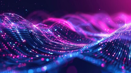 Wall Mural - Futuristic portrayal of a moving wave, featuring digital background with dynamic glowing particles and lines. Visualization of big data represented in vector form.
