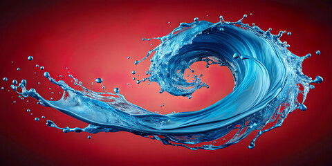 Wall Mural - Dynamic swirling water is captured in motion against a vibrant red background, creating a striking visual contrast. Water droplets fly outwards from the swirling structure of the splash.AI generated.
