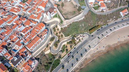 Wall Mural - Aerial panorama of the city of Sines, Setubal Alentejo Portugal Europe. Top view of old town fishing port, historic castle. 