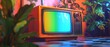 A vibrant image capturing a classic color vintage television set, its bulky frame housing a rainbow of colors on the screen, showcasing a retro cartoon that brings back waves of nostalgia for simpler 