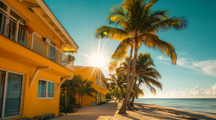 Wall Mural - palm trees on the beach and a yellow house