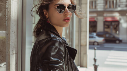 Wall Mural - Stylish Urban Woman Wearing Leather Jacket and Sunglasses