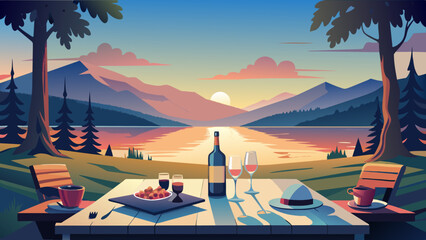Wall Mural - Serene Sunset Dinner by the Lake with Mountain View