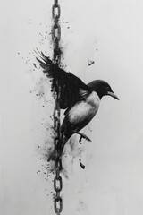Poster - A charcoal sketch of a bird rising from a broken chain, illustrating breaking free from bondage,