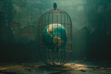 Aufkleber - A symbolic image of an open birdcage with the door shaped like a globe, representing global freedom and emancipation,