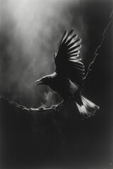 Poster - A charcoal sketch of a bird rising from a broken chain, illustrating breaking free from bondage,