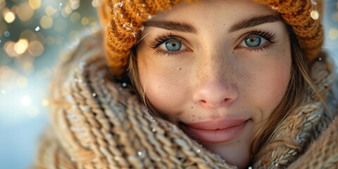 Wall Mural - Warm Winter Glow on Smiling Face of a young woman