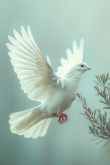 Poster - A minimalist design with a white dove carrying an olive branch, set against a soft pastel background,
