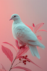Poster - A minimalist design with a white dove carrying an olive branch, set against a soft pastel background,