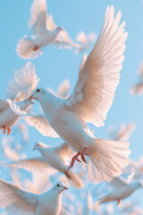 Poster - A digital art piece depicting white doves ascending against a clear blue sky, illustrating freedom from violence,