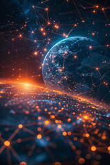 Poster - A detailed illustration of a global network with nodes and connections sprawling across a digital globe,