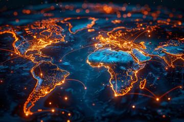 Poster - A detailed map of undersea internet cables, linking continents with flowing, luminous lines,
