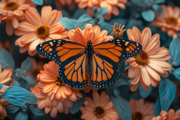 Fototapete - An artwork featuring butterfly wing patterns that dissolve into floral designs, showing the importance of pollinators in nature,