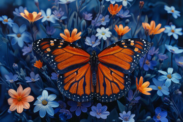 Fototapete - An artwork featuring butterfly wing patterns that dissolve into floral designs, showing the importance of pollinators in nature,