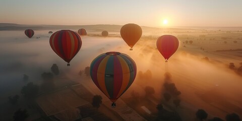 Wall Mural - From above several colorful hot air balloons rise above a fog-engulfed landscape with the sun casting a soft glow on the scene