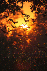 Leinwandbilder - A pattern where bat silhouettes turn into the night sky, illustrating their echolocation abilities and nocturnal life,