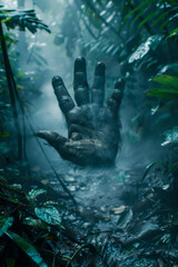 Poster - A depiction of gorilla handprints that transition into dense, misty jungle scenes, symbolizing their dwindling habitats,