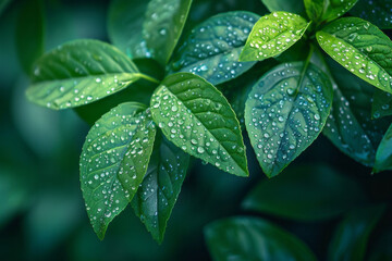 Wall Mural - A serene depiction of morning dew on leaves, highlighting the delicate balance of natural water cycles,