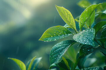 Leinwandbilder - A serene depiction of morning dew on leaves, highlighting the delicate balance of natural water cycles,