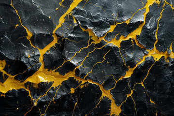 Fototapete - An abstract design featuring sharp, jagged lines in black and grey, overlaid with bright yellow strikes, representing lightning bolts of awakening and change,