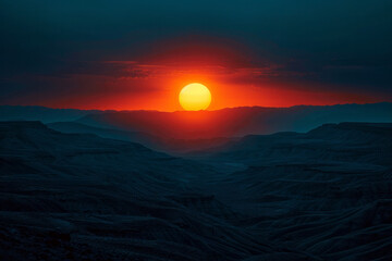Aufkleber - A background of rising sun in vivid orange and red over a dark landscape, portraying hope and renewal,