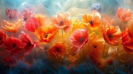 Aufkleber - A backdrop with abstract floral blooms in explosive colors, symbolizing the growth and blossoming of new ideas and movements,