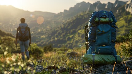 Wall Mural - A backpack on the mountain trail