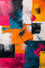 Poster - A dynamic painting where stark black and white contrast is disrupted by bursts of colorful abstract shapes, illustrating the disruption of societal norms,
