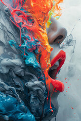 Poster - A visualization of sound waves emanating from a mouth speaking words of change, with the waves transforming into vibrant color splashes that alter the gray surroundings,